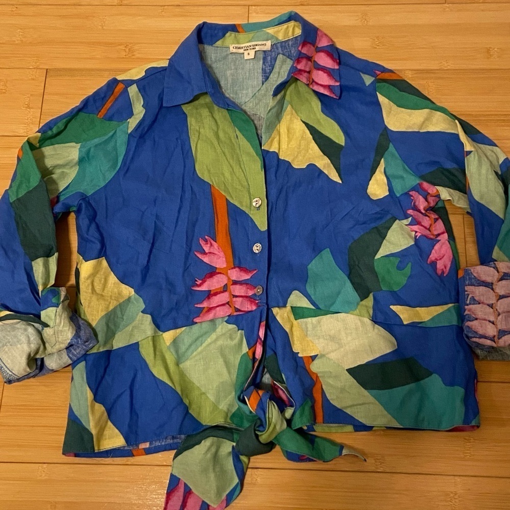 Christian Siriano New York Tropical Print Linen Blend Tie-Front Top Small - Picture 2 of 6